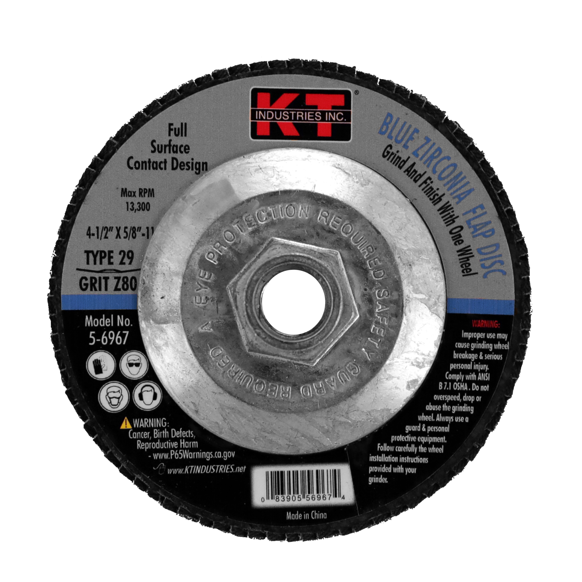 K-T Industries Blue Zirconia Flap Disc — 4.5in. x 5/8in.-11, 80 Grit, 13,000 RPM, Model# 5-6967